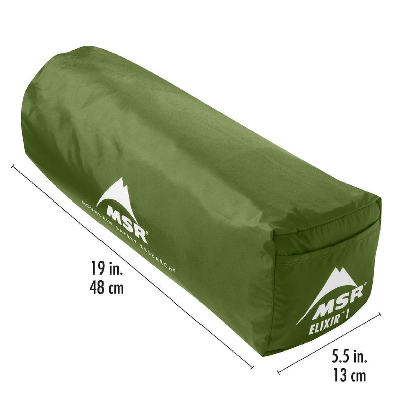 MSR Elixir 1 Tent Green V2 packed away in back with dimensions