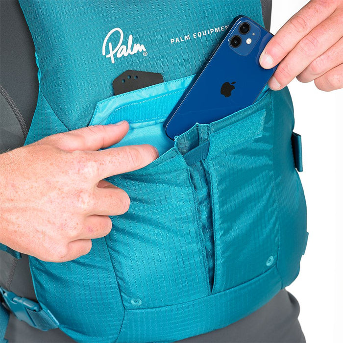 Palm Solo SUP Vest Buoyancy Aid PFD teal zoom on front pocket with phone